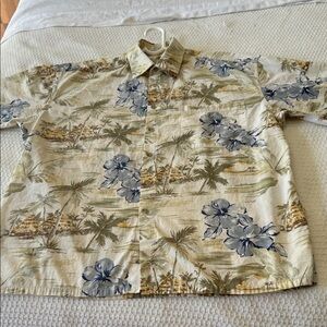 Vintage Pierre Cardin Tropical Shirt in Cream & Green & blue hibiscus flowers